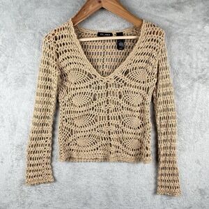 Axcess Sweater Womens M Tan Crocheted Open Knit Boho Cottagecore Coastal Grandma